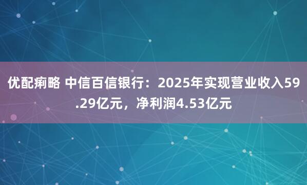 优配痢略 中信百信银行：2025年实现营业收入59.29亿元，净利润4.53亿元